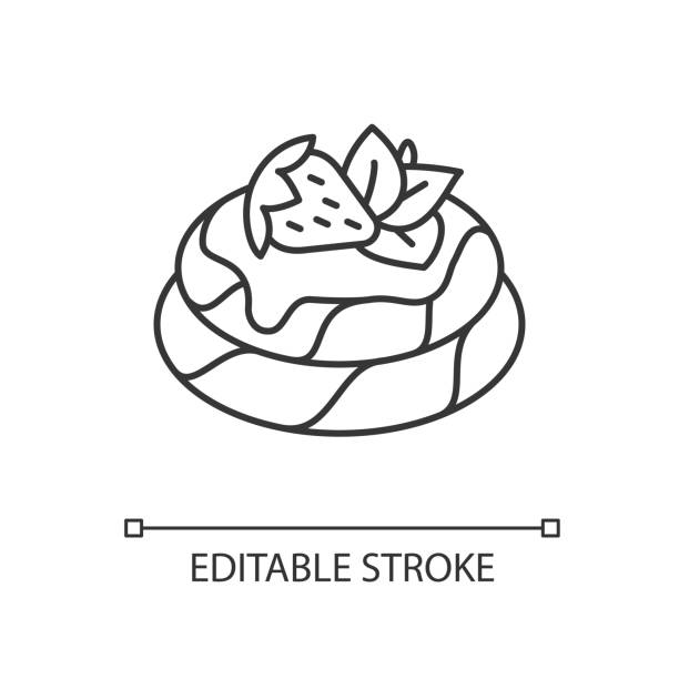 Pavlova linear icon Pavlova linear icon. Meringue based dessert with strawberries. National Australian cuisine. Thin line customizable illustration. Contour symbol. Vector isolated outline drawing. Editable stroke pavlova stock illustrations