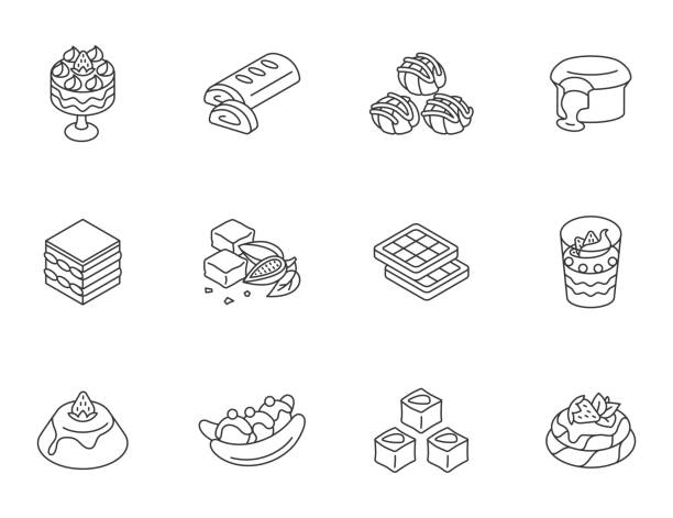 ilustrações de stock, clip art, desenhos animados e ícones de world famous desserts linear icons set - creme cozinhado