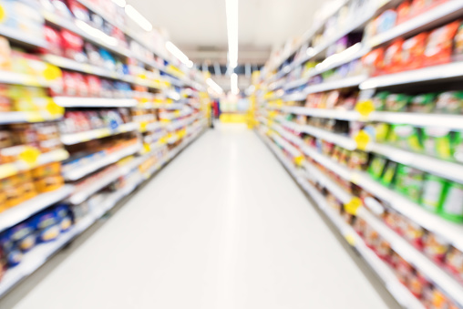 Supermarket aisle and shelves blurred abstract background