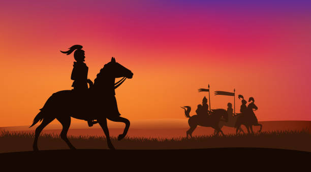 vector silhouette scene of sunset field with medieval knights and horses medieval knights riding horses at sunset field - vector silhouette scene of fairy tale adventure warrior person stock illustrations