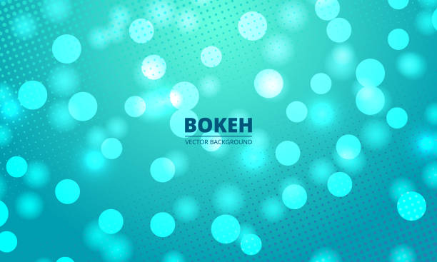 Bokeh lights on a green and blue halftone background. Holiday glowing lights with sparkles. Bokeh lights on a green and blue halftone background. Holiday glowing white lights with sparkles. Defocused festive lights. Blurred bright abstract bokeh on light turquoise green water backdrop. backgrounds abstract turquoise blurred motion stock illustrations