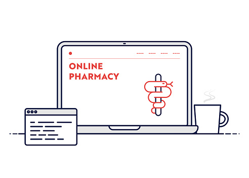 Online Pharmacy Concept with Line Laptop Illustration. Minimal Design for Web Banner, Poster, Flyer and Brochure Template with Asclepius Icon.