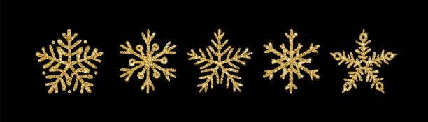 Gold glitter texture snowflake hand drawn icons set on black background. Shiny Christmas, New year and winter sparkling golden symbols for print, web, decoration, greeting card. Vector Illustration. Gold glitter texture snowflake hand drawn icons set on black background. Shiny Christmas, New year and winter sparkling golden symbols for print, web, decoration, greeting card. Vector Illustration symbol snowflake icon set shiny stock illustrations