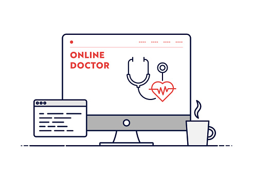 Online Doctor Concept with Line Computer Illustration. Minimal Design for Web Banner, Poster, Flyer and Brochure Template with Stethoscope Icon.