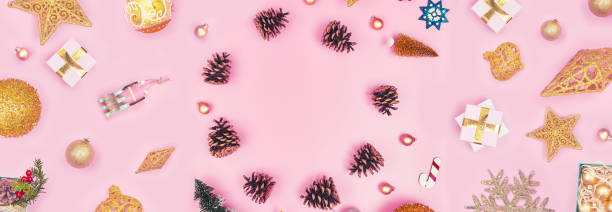 istock Banner christmas frame made of decorations on a pink background isolate, copyspace, layout 1270209058