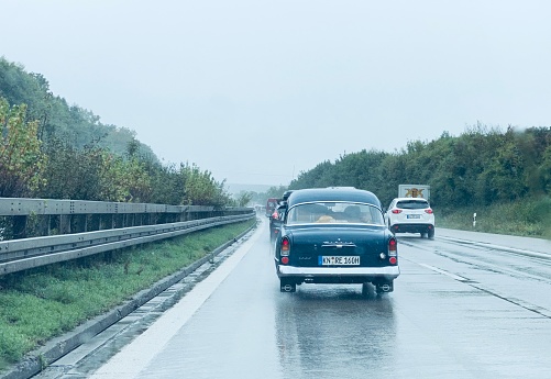 Ulm, Germany - August, 30 - 2020: Vintage Opel Rekord of the 1960ies on the German Autobahn.