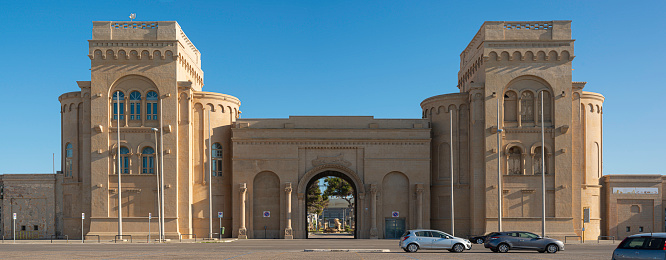 Bari, Italy - May 26, 2020: Monumental entrance of the Fiera del Levante in Bari, Apulia - Italy