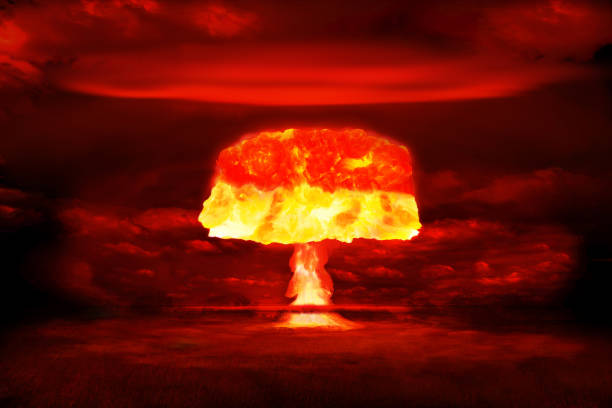 Atomic bomb realistic explosion, red color with smoke on black background