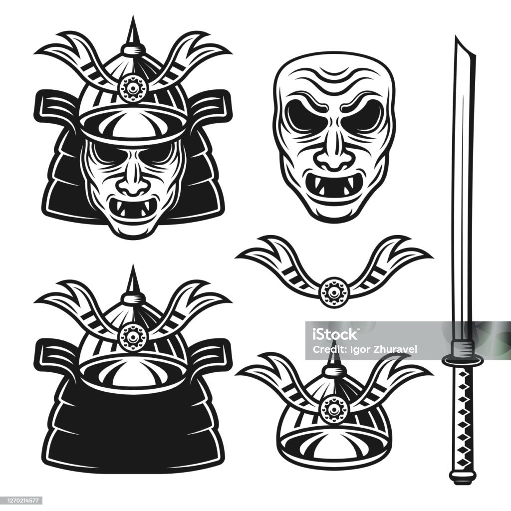 Bộ Samurai Của Các Đối Tượng Đơn Sắc Vector Và Các Yếu Tố Thiết Kế ...