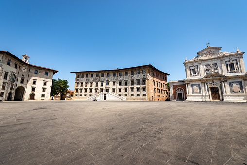 L’Aquila, Italy - July 8, 2023: Palace of Emiciclo at L Aquila, Abruzzo, Italy