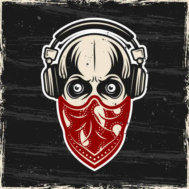 Vector illustration of Skull in headphones and red bandana on face vector colored illustration with grunge textures