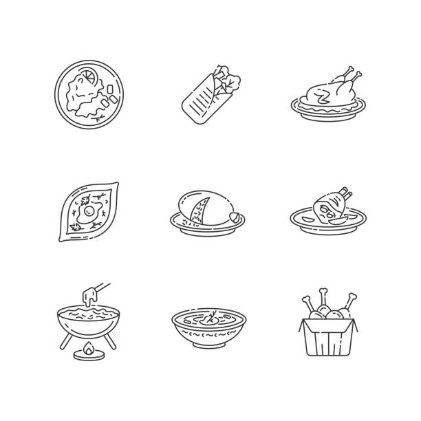 Cafe meals pixel perfect linear icons set Cafe meals pixel perfect linear icons set. Wrapped shawarma with meat and lettuce. Khachapuri recipe. Customizable thin line contour symbols. Isolated vector outline illustrations. Editable stroke cheese fondue stock illustrations