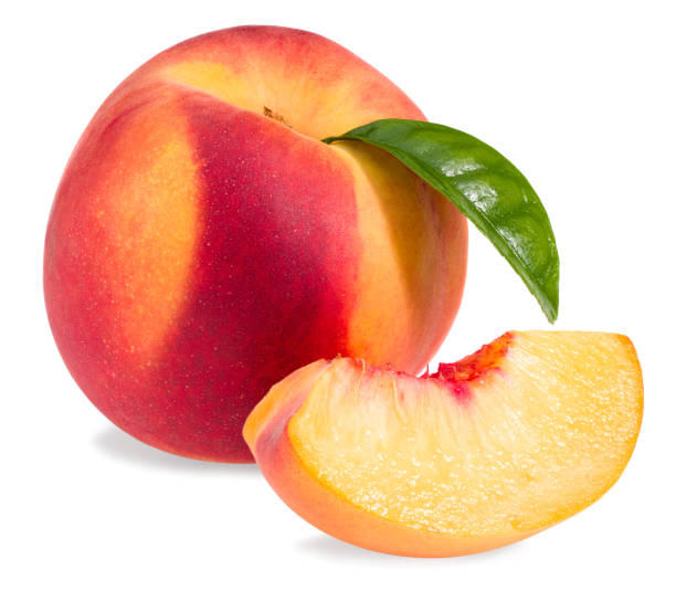 istock peach fruit with green leaf and slices isolated on white background. full depth of field 1270218103
