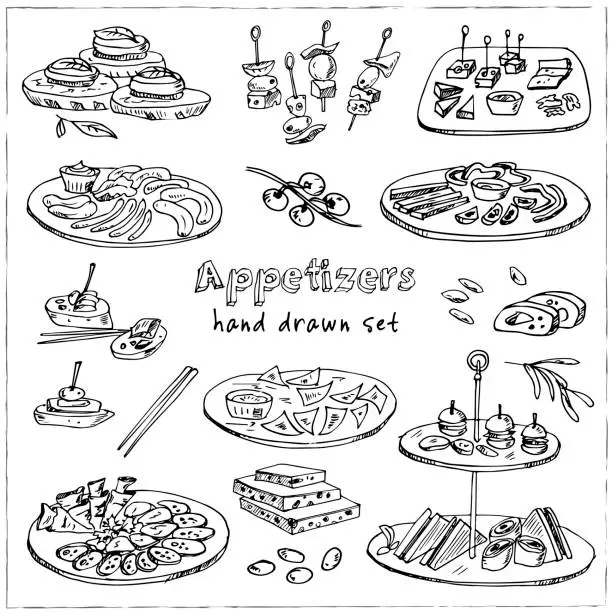 Vector illustration of Vector set with appetizers hand drawn doodles. Illustration for menus, recipes, packages product