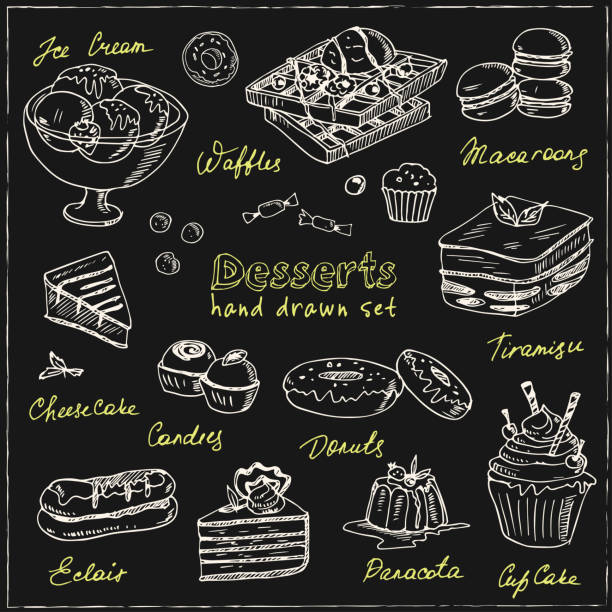 illustrazioni stock, clip art, cartoni animati e icone di tendenza di set di dessert da ristorante di sketch disegnato a mano vettoriale. dolci. illustrazione retrò. - muffin coffee cartoon cake