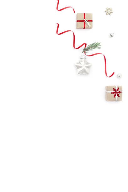 istock Flat christmas composition on white background with holiday gift boxes, star toy and fir branches. Concept christmas, minimalism, holiday, sale. 1270224741