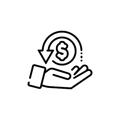 Cashback, return money, cash back rebate line icon. Salary exchange, hand holding dollar. Financial investment symbol. Vector on isolated white background. EPS 10.