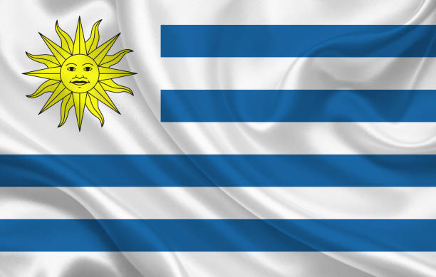 istock Uruguay country flag on wavy silk fabric background panorama 1270227291