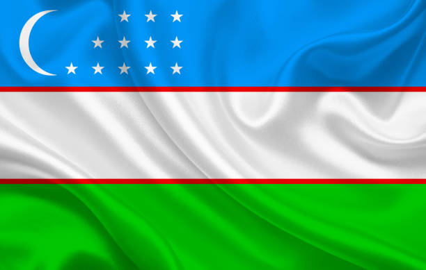 istock Uzbekistan country flag on wavy silk fabric background panorama 1270227301