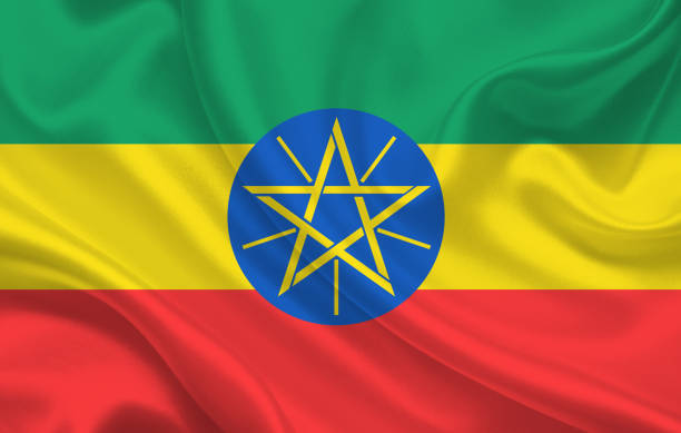 ilustrações de stock, clip art, desenhos animados e ícones de ethiopia country flag on wavy silk fabric panorama background - etiopia i