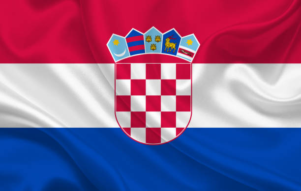 istock Croatia country flag on wavy silk fabric background panorama 1270227358