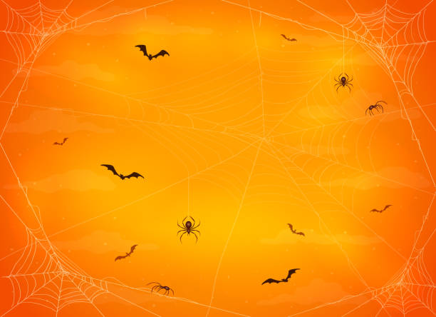 Spiders and Bats on Halloween Orange Background Orange night background with black spiders on cobwebs and flying bats. Illustration can be used for children's holiday design, cards, invitations and banners. halloween backgrounds stock illustrations