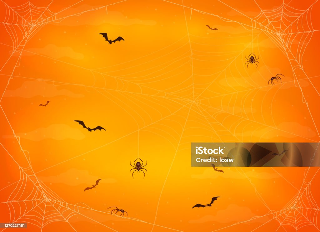 萬聖節橙色背景的蜘蛛和蝙蝠。 - 免版稅萬聖節圖庫向量圖形