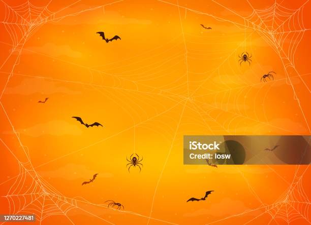 萬聖節橙色背景的蜘蛛和蝙蝠向量圖形及更多萬聖節圖片 - 萬聖節, 背景 - 主題, 矢量圖