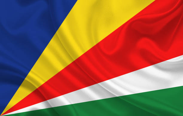 istock Seychelles country flag on wavy silk fabric background panorama 1270228255