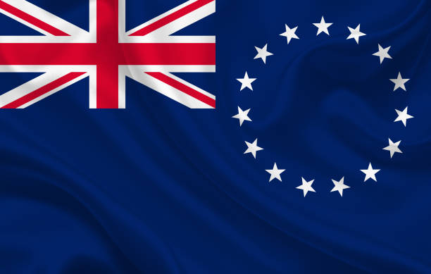 istock Cook Islands country flag on wavy silk fabric background panorama 1270228367