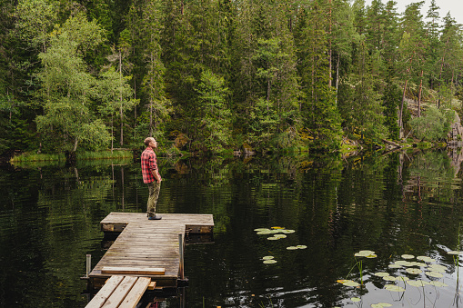 Man on a jetty in a lake by the forest nature landscape
Photo of man in nature enjoying the view on his adventure