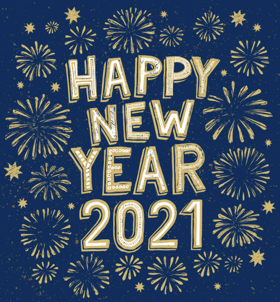 Hand-drawn new year's eve wishes on fireworks background. You can edit the colors or sizes easily if you have Adobe Illustrator or other vector software. All shapes are vector
