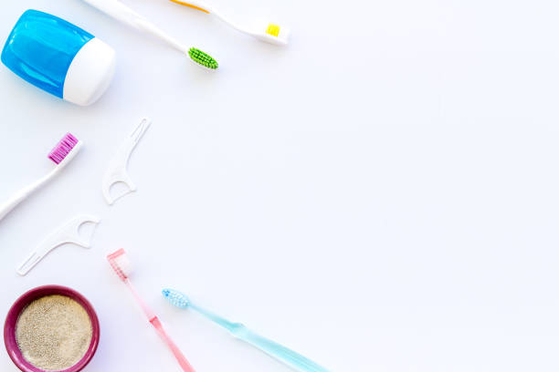 istock Set of different tools for dental care and hygiene. Top view, flat lay 1270230491