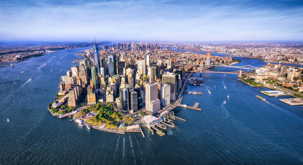 Panoramic Aerial view of Lower Manhattan. New York Panoramic aerial view of Lower Manhattan at sunset. New York. USA east river new york city photos stock pictures, royalty-free photos & images