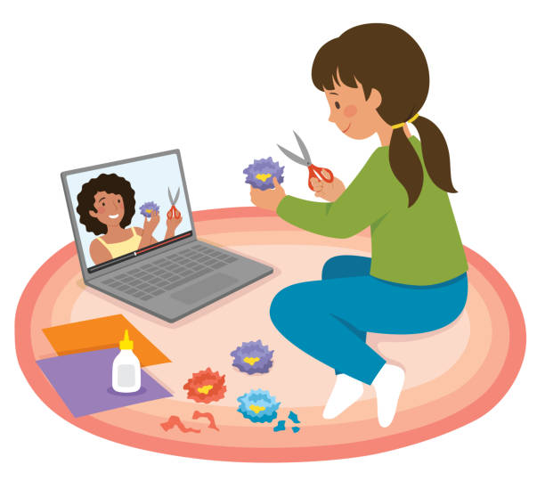 clipart do my homework Making crafts with online video tutorial Little girl watching craft tutorial video on a laptop and making paper flowers kid doing homework clip art stock illustrations