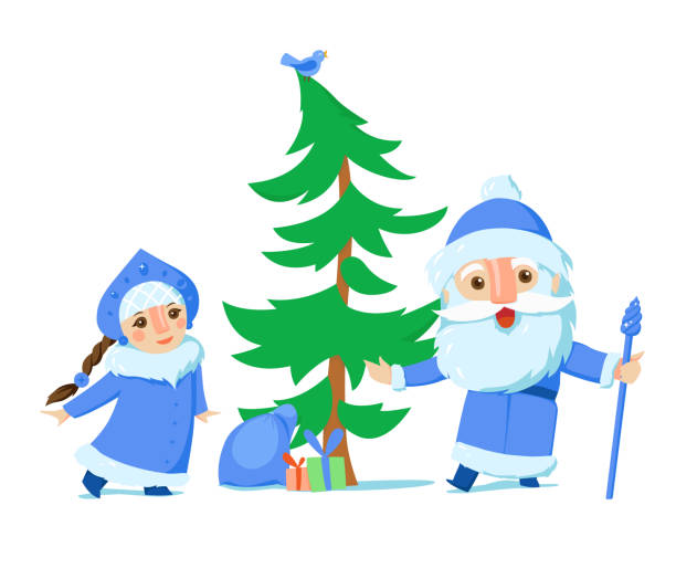 ilustraciones, imágenes clip art, dibujos animados e iconos de stock de santa claus ruso. abuelo frost (ded moroz) y snow maiden (snegurochka). ilustración de dibujos animados vectoriales. - coat grandfather grandchild granddaughter