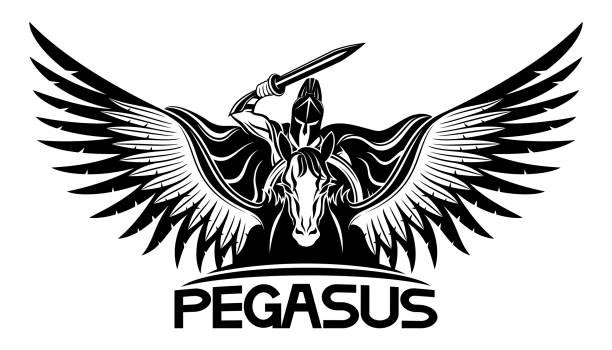 Ancient warrior riding a Pegasus. Ancient warrior with a sword and shield riding a Pegasus. spartan mascot stock illustrations