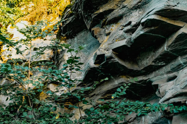 istock Three-dimensional stone rocks of different shapes in the rays of the setting sunlight. Old rocky formations with stripes of white 1270238511
