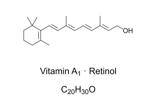 Vitamin A1, also retinol or axerophthol, chemical structure Vitamin A1, also retinol or axerophthol, chemical structure. Found in food, used as dietary supplement to treat vitamin A deficiency. Skeletal and structural formula. Illustration over white. Vector. vitamin a nutrient stock illustrations