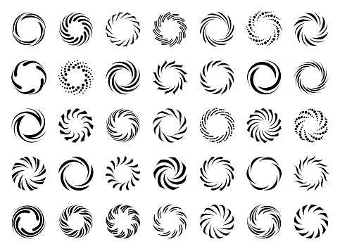 Set of vortex and whirlpool symbols. Swirling circles. Vector design elements isolated on white background