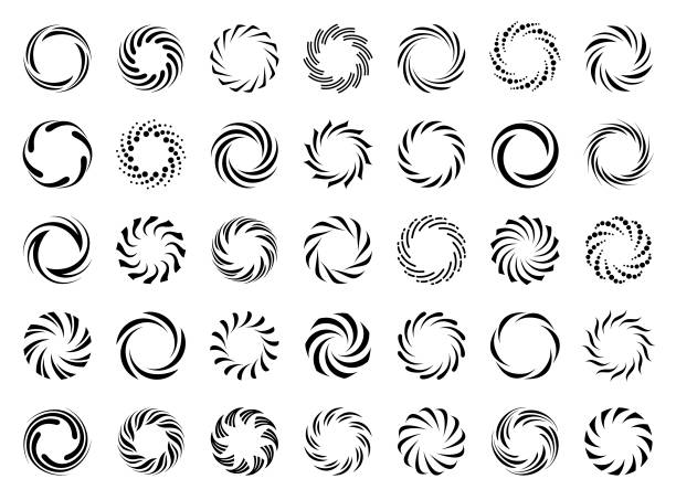 Spiral swirl symbols set Set of vortex and whirlpool symbols. Swirling circles. Vector design elements isolated on white background spiral stock illustrations
