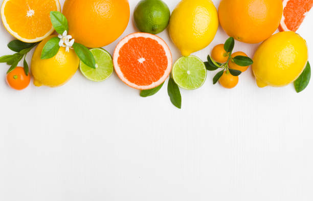 istock Top view on citrus fruits on table with copy space 1270241476
