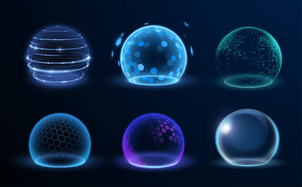 набор различных сфер защиты энергии - sphere glass bubble three dimensional shape stock illustrations