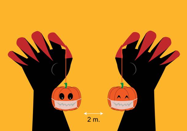 istock Concepts of new normal halloween. Vector illustration of pumpkins hanging from hands and social distancing. 1270243330