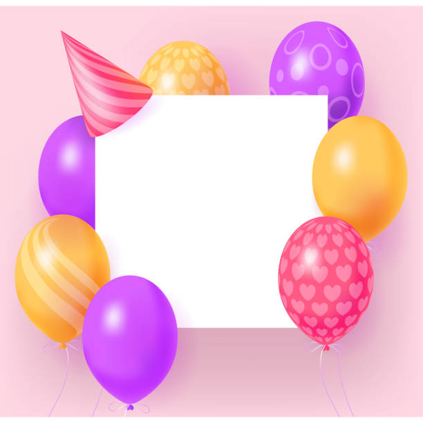 istock Happy Birthday holiday banner with white sheet frame, 3d realistic glossy balloons and party hat. White and pink background. Vector template for greeting card, poster 1270243356