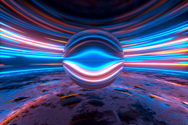 istock Glowing round illuminated lines in the dark round room, 3d rendering. 1270244913
