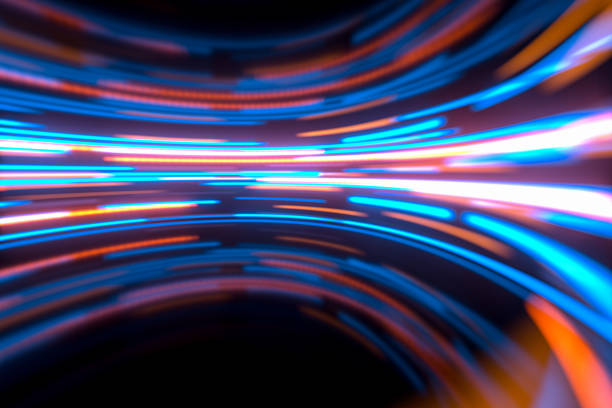 istock Glowing round illuminated lines in the dark round room, 3d rendering. 1270244916