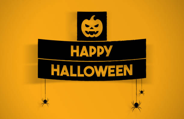 Happy Halloween Banner on Orange Background. Horizontal composition with copy space.