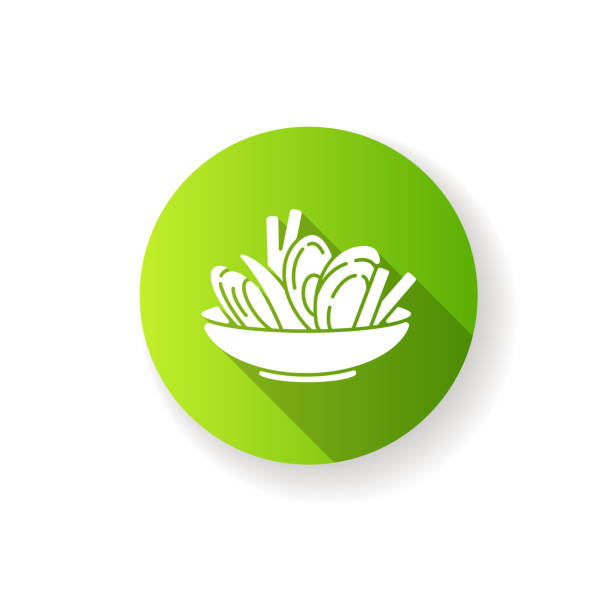 Moules frites green flat design long shadow glyph icon Moules frites green flat design long shadow glyph icon. Traditional mussels and chips. European cuisine recipe. Ingredient for cookery. French fries. Silhouette RGB color illustration moules frites stock illustrations