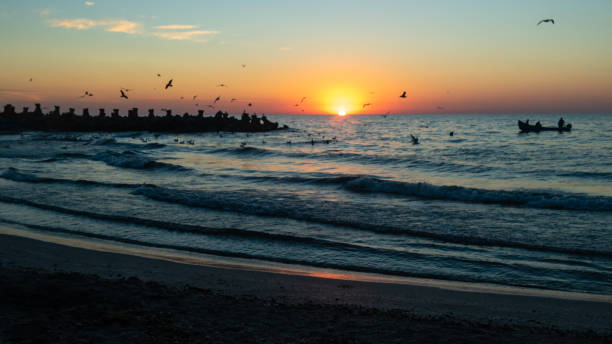 sunrise over the sea, morning colors stock photo